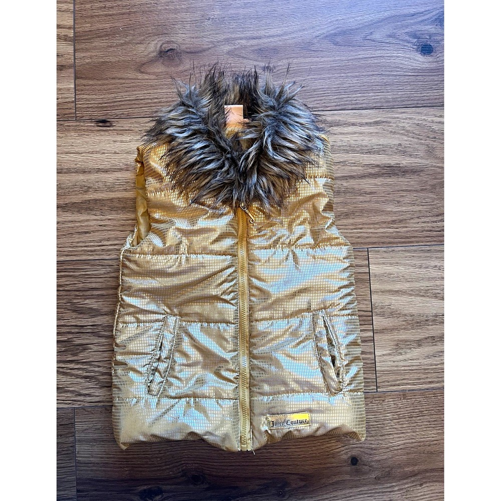 Juicy Couture Girls Metallic Gold Puffer Vest Faux Fur Collar Kids Size 4T